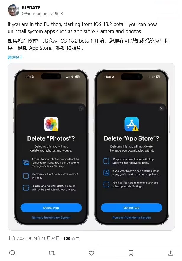 宁南苹果手机维修分享iOS 18.2 支持删除 App Store 应用商店 