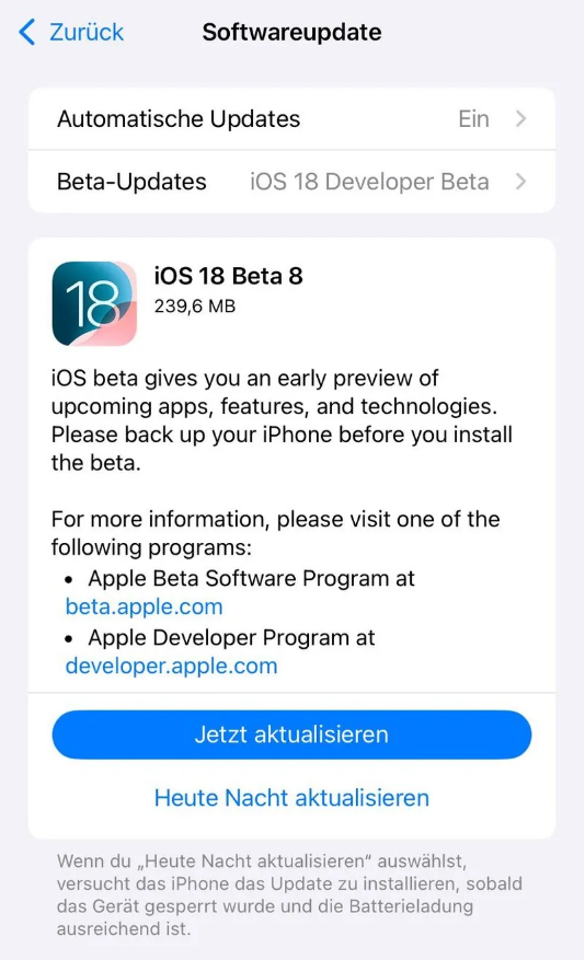 宁南苹果手机维修分享苹果 iOS / iPadOS 18 开发者预览版 Beta 8 发布 